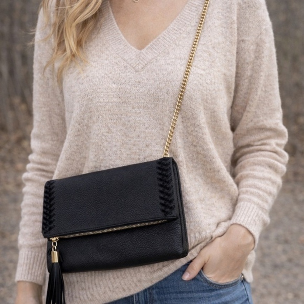 Moda Luxe Black Leather Fold Over Crossbody Clutch Gold Chain purse boutique